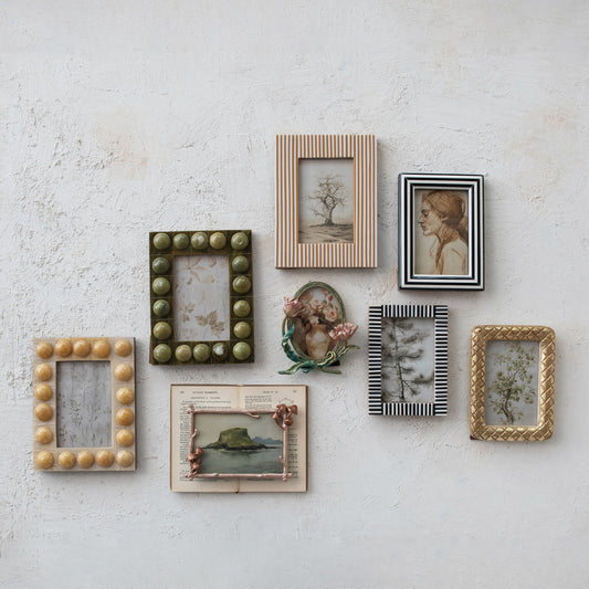 Carved Mango Wood Photo Frame w/ Diamond Pattern, Gold Foil Finish