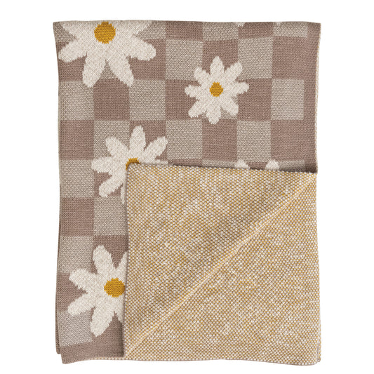 Cotton Knit Baby Blanket w/ Daisies & Check Pattern