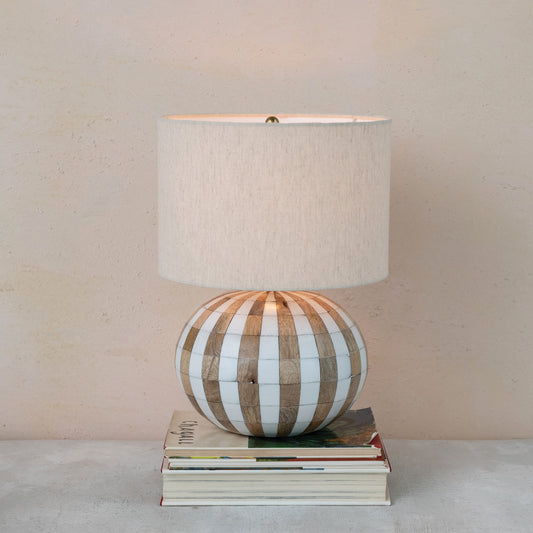 Mango Wood & Inlaid Resin Striped Table Lamp w/ Cotton Blend Shade, Natural