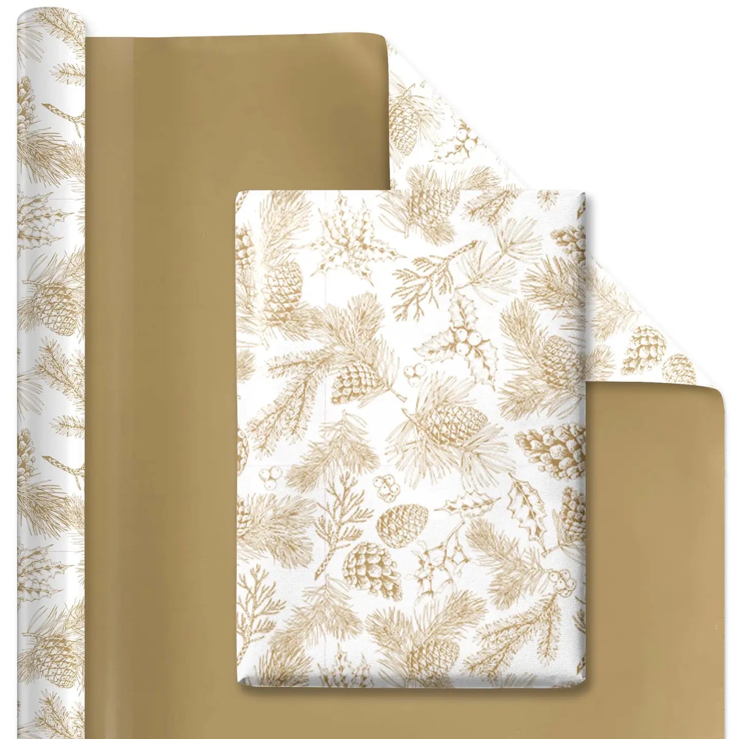 30" X 10' Reversible Holiday Wrapping Paper | Gold Pinecones On White/Flat Gold