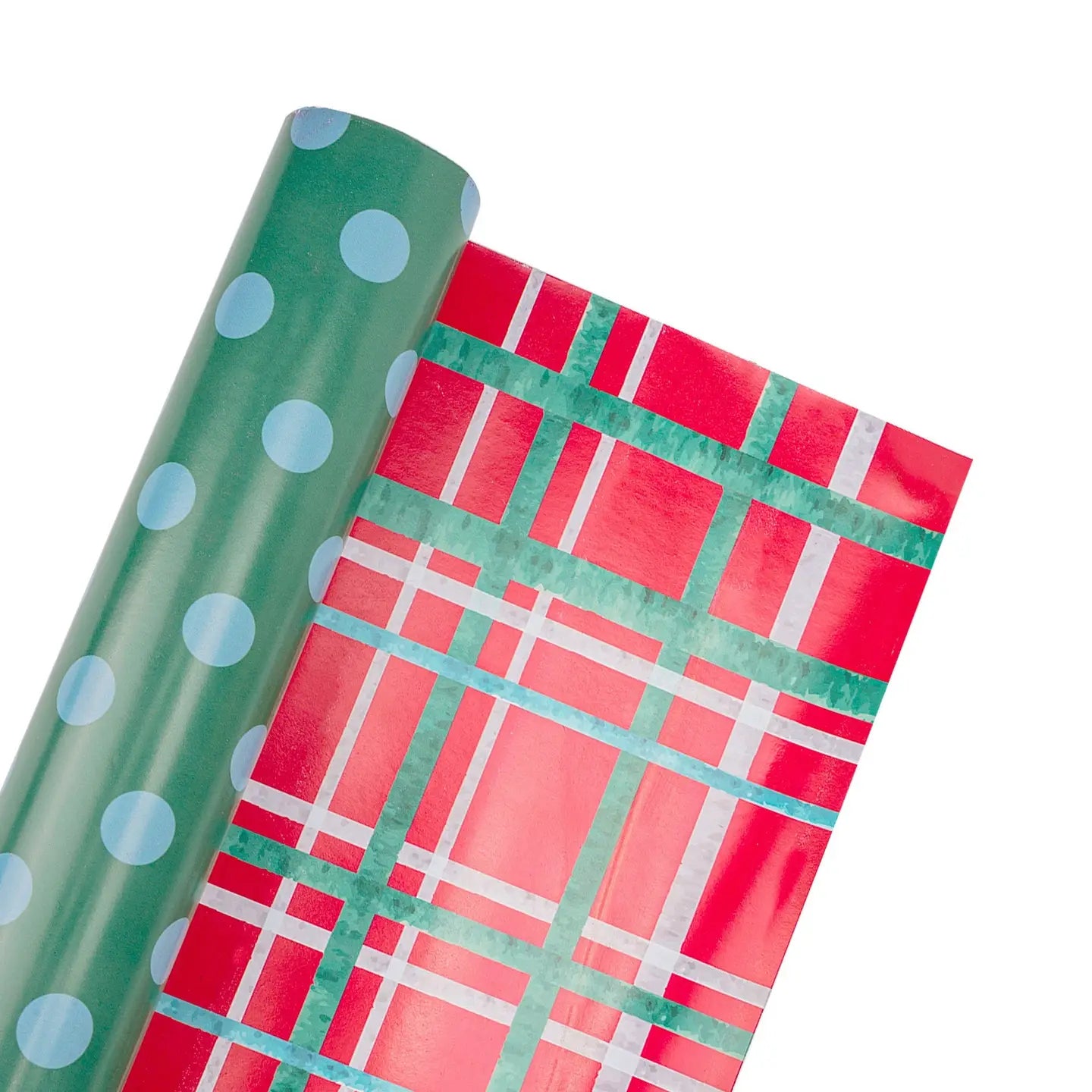 30" X 10' Reversible Holiday Wrapping Paper | White Dot On Green/Watercolor Plaid