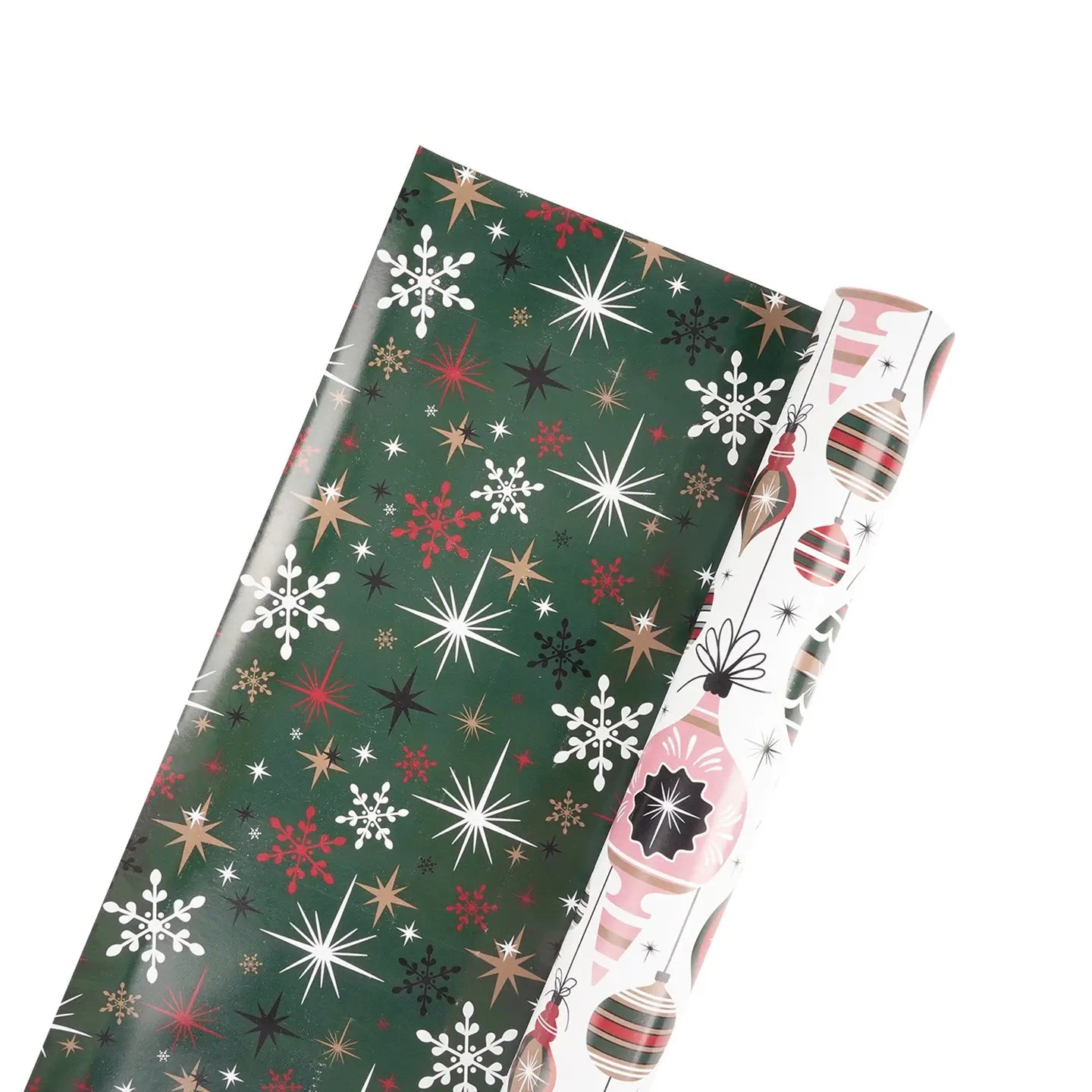 30" X 10' Reversible Holiday Wrapping Paper | Retro Ornaments/Retro Snowflakes and Stars