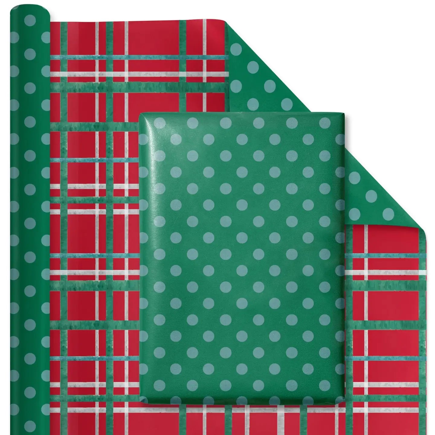30" X 10' Reversible Holiday Wrapping Paper | White Dot On Green/Watercolor Plaid
