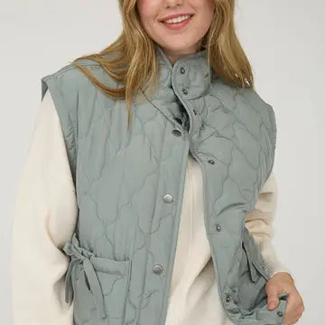 Tie Detail Snap Button Down Quilted Puffer Vest