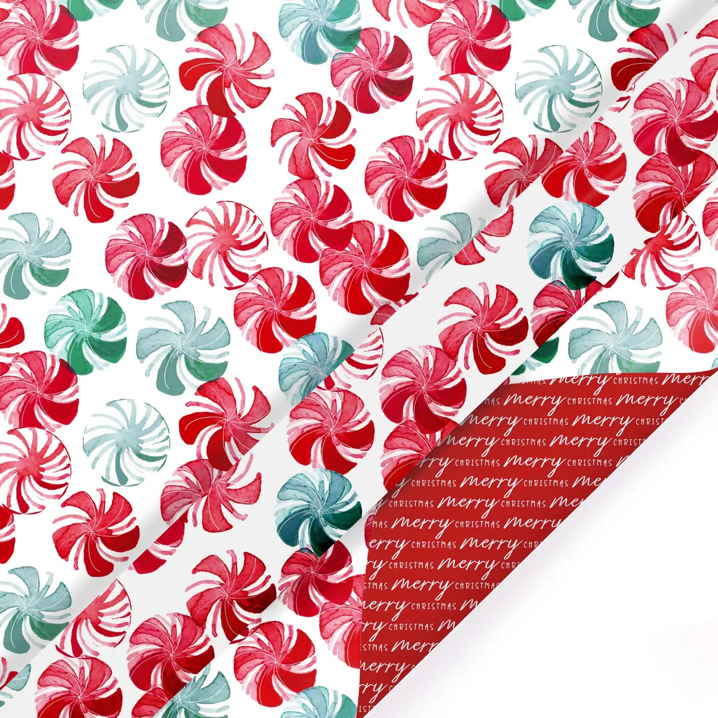 30" X 10' Reversible Holiday Wrapping Paper | Watercolor Peppermints/Merry Christmas On Red