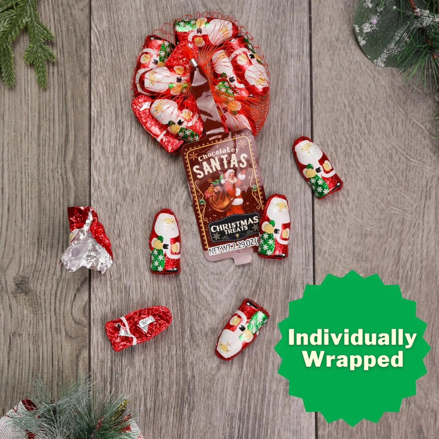 Mini Chocolatey Christmas Santas, Foil Wrapped in Mesh Bag
