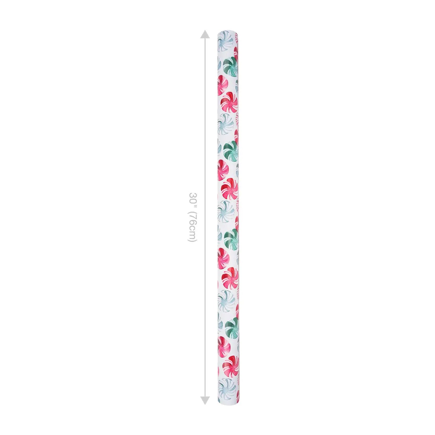 30" X 10' Reversible Holiday Wrapping Paper | Watercolor Peppermints/Merry Christmas On Red