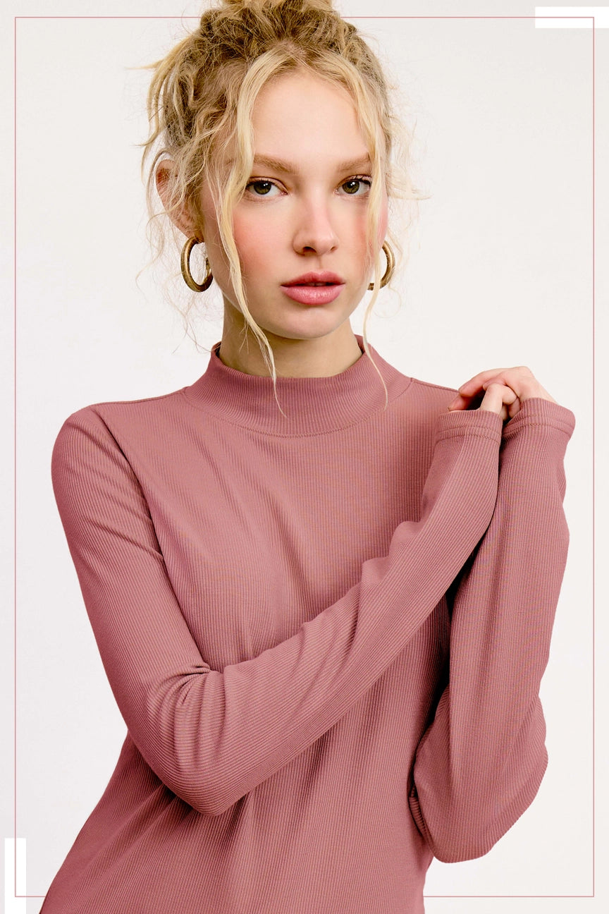 Stretchy Ribbed Long Sleeve Mock Neck