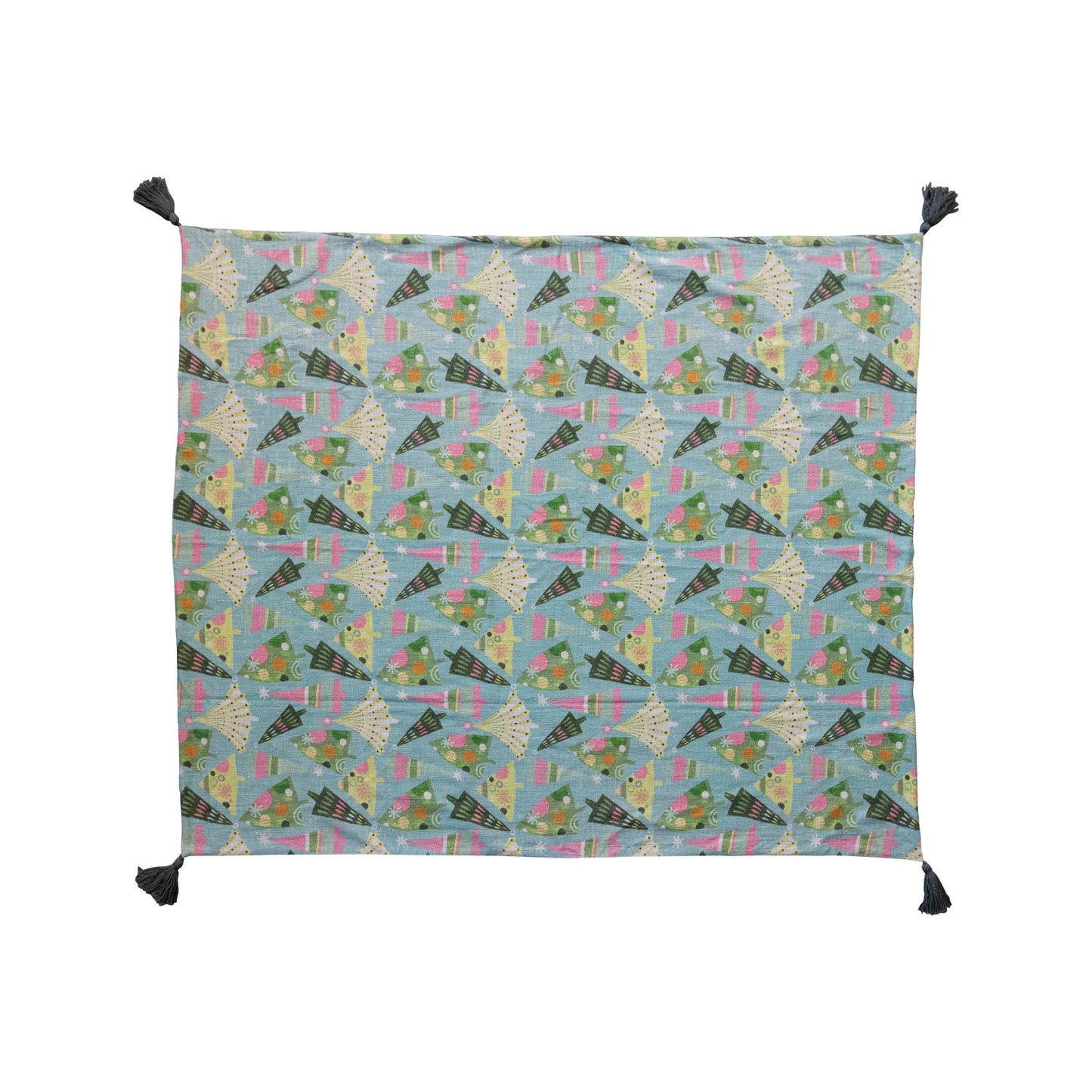 Cotton Slub Printed Throw w/ Christmas Trees Pattern & Tassels, Multi Color