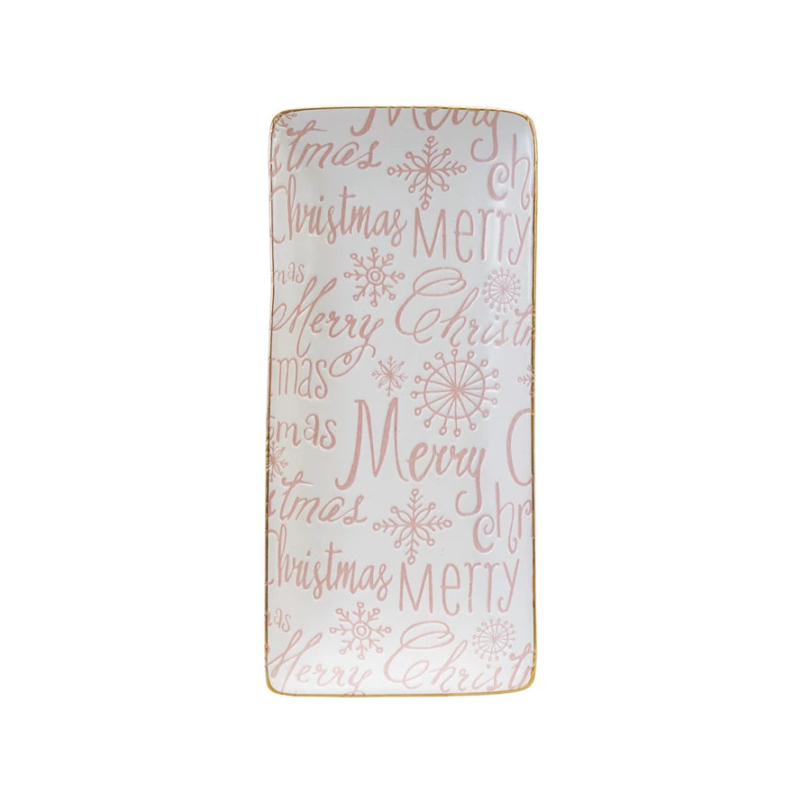 Stoneware Tray with Gold Color Rim "Merry Christmas", Pink & White