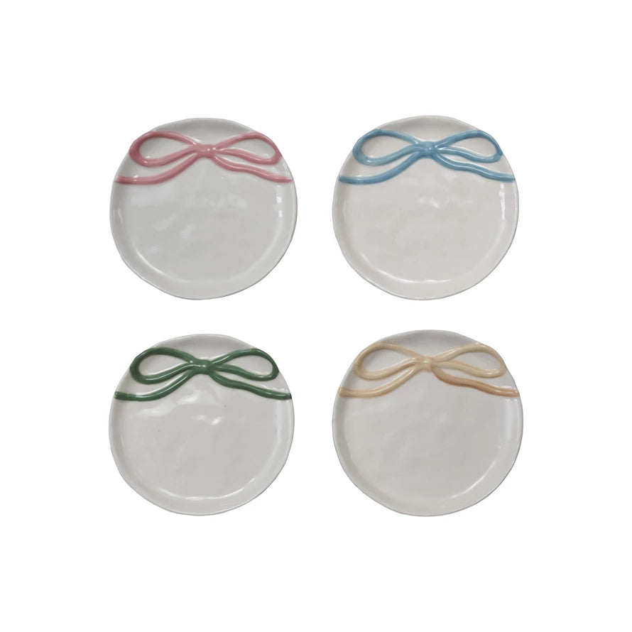 4-1/4" Round Stoneware Dish with Bow, 4 Colors