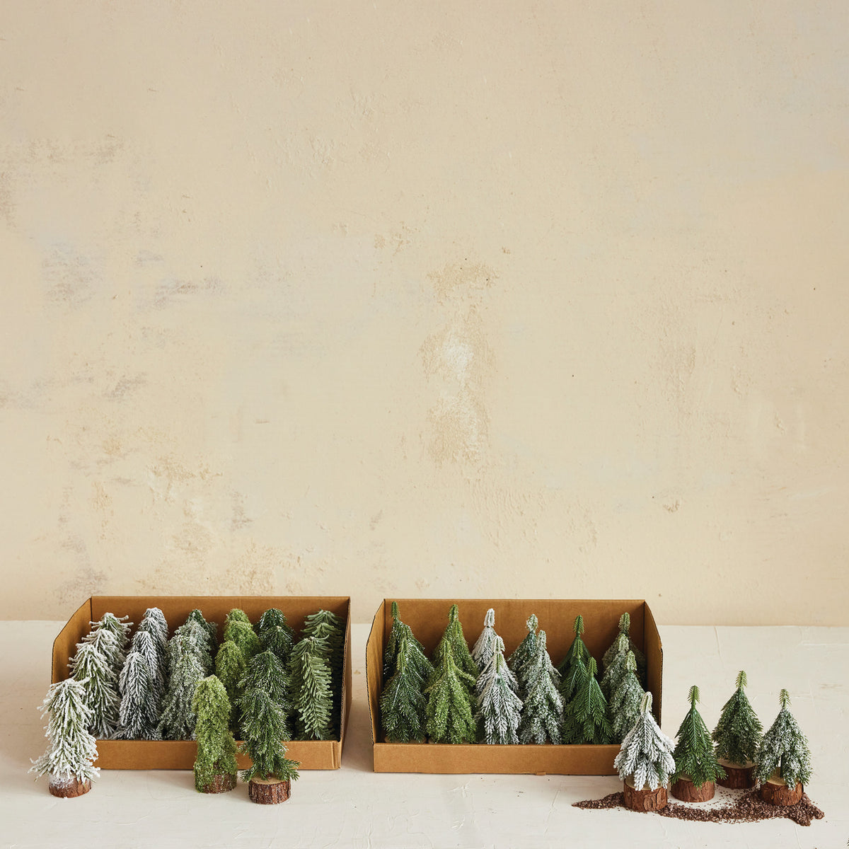 Faux Evergreen Trees with Natural Wood Slice Bases