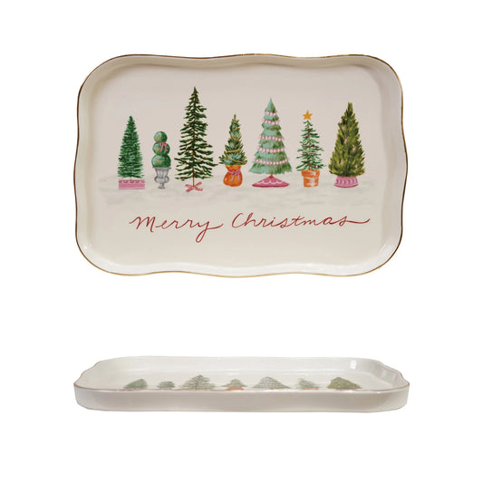 Stoneware Scalloped Platter with Trees & Gold Electroplating