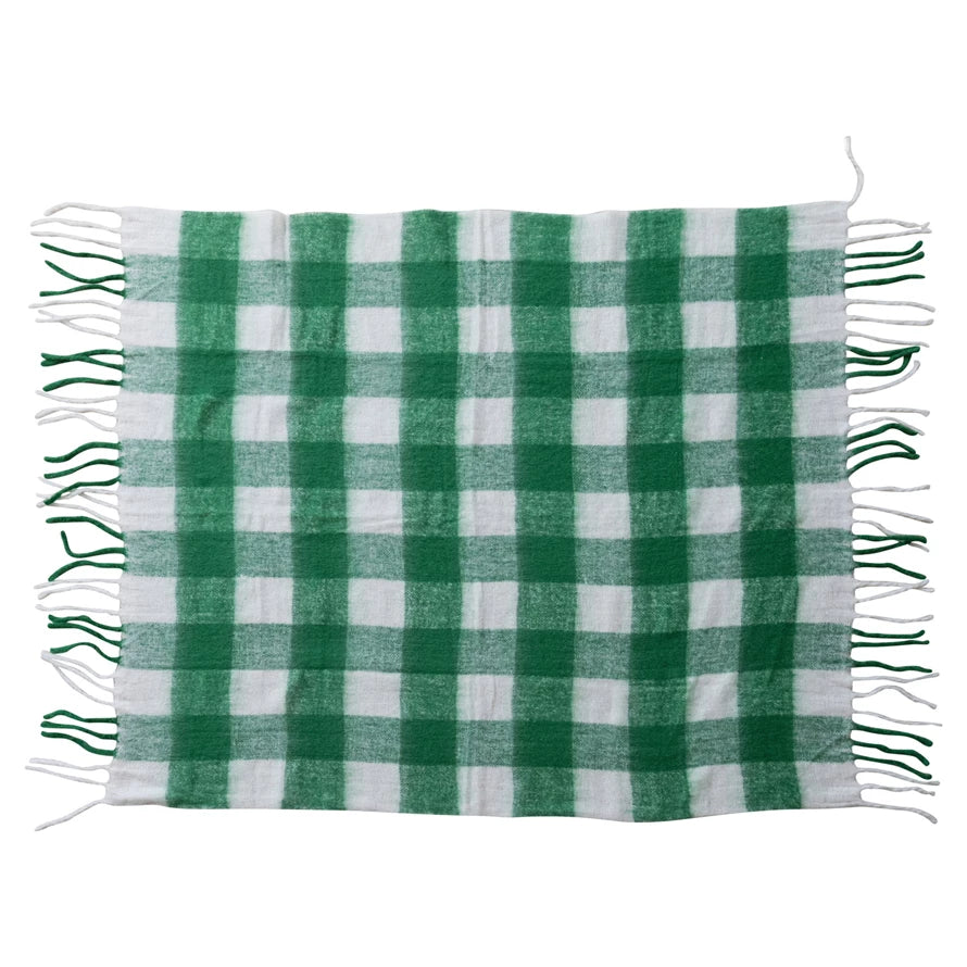 Woven Acrylic Throw with Fringe, Green & White Plaid