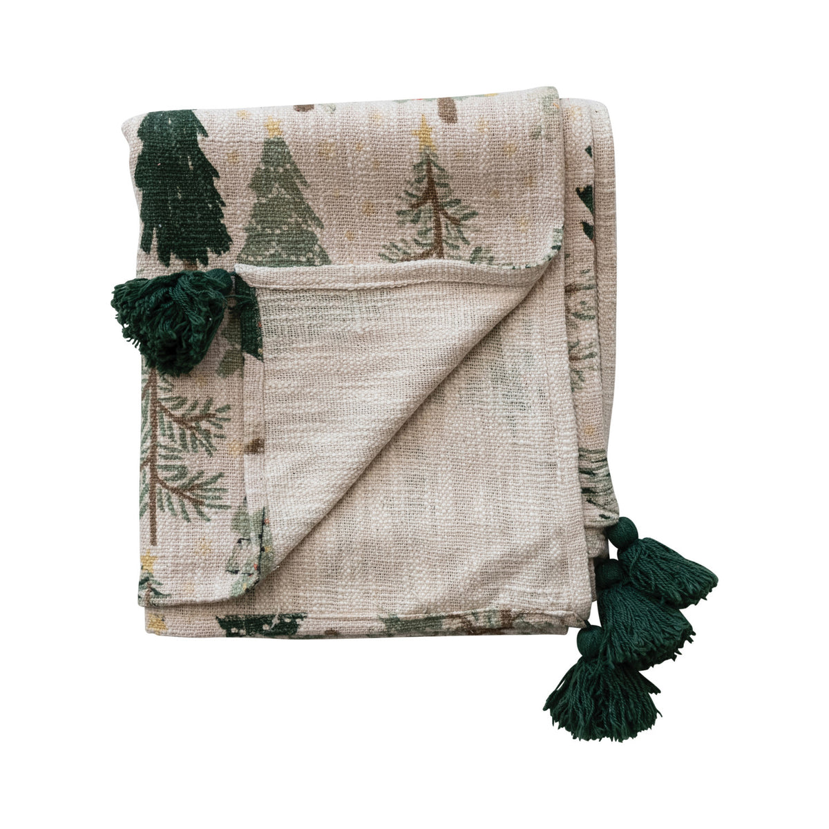 Cotton Printed Throw with Tree Pattern & Tassels