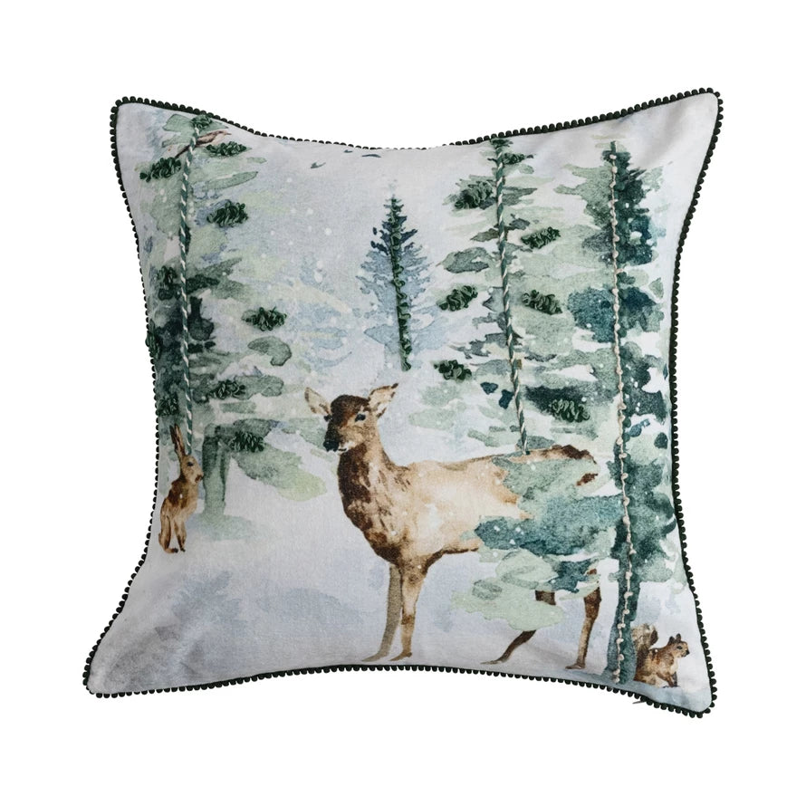 Velvet Pillow with Woodland Deer Scene