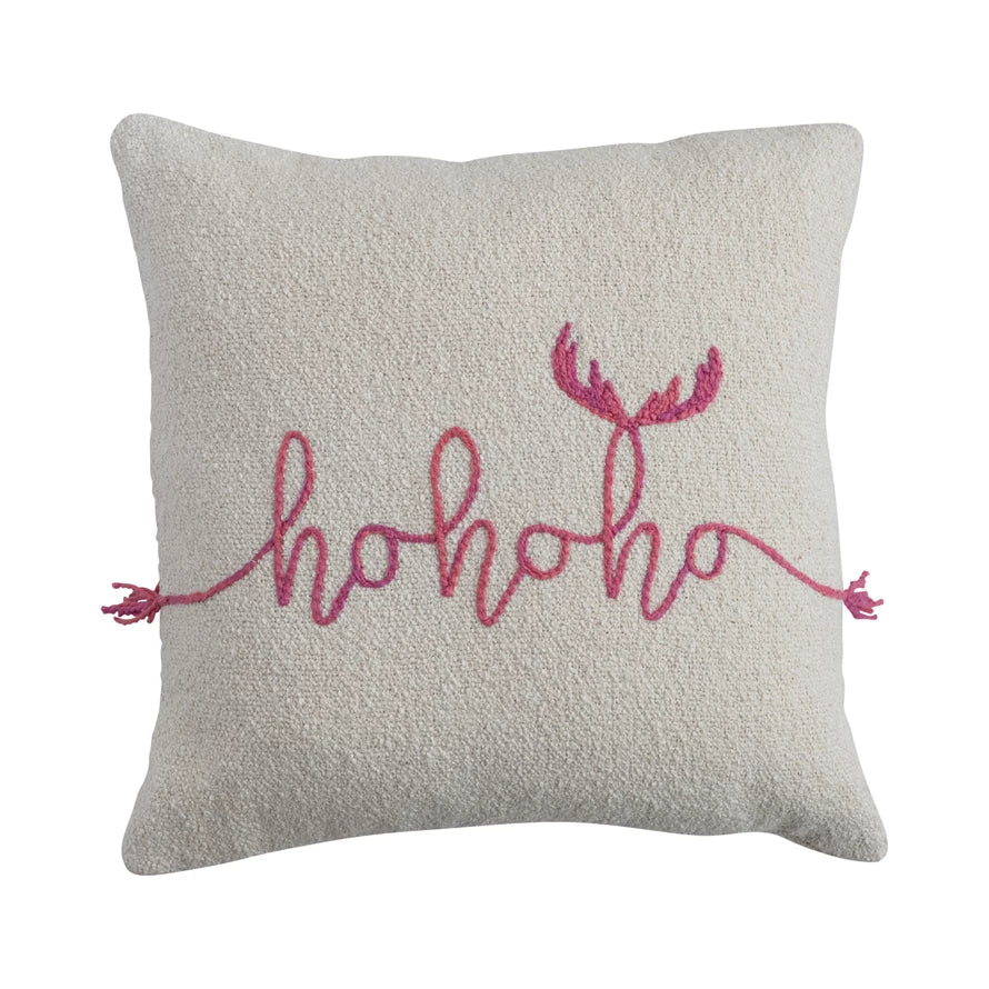 18" Square Cotton Slub Pillow with Embroidered "Ho Ho Ho" & Tassels