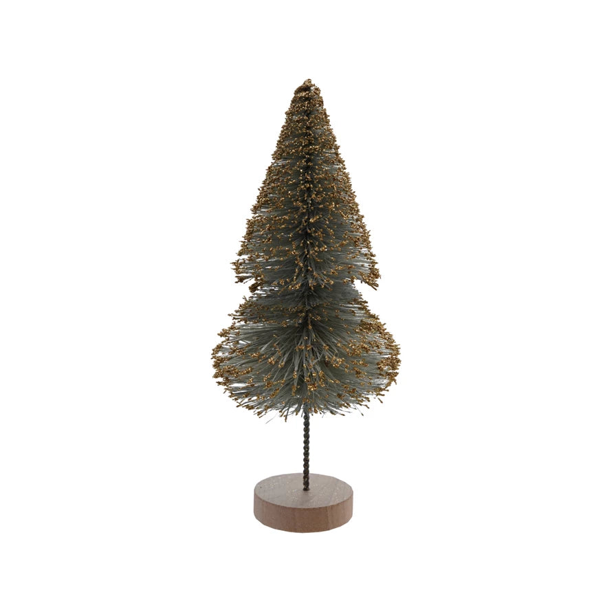 Sisal Bottle Brush Tree with Gold Glitter & Wood Base