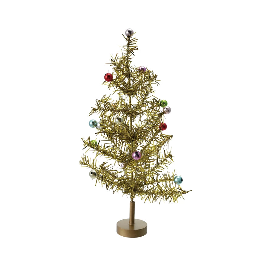 Tinsel Tree with Multi Color Ball Ornaments, Gold Finish