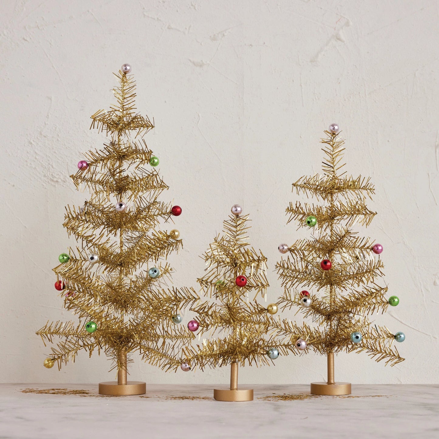 Tinsel Tree with Multi Color Ball Ornaments, Gold Finish