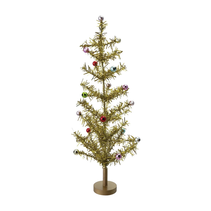 Tinsel Tree with Multi Color Ball Ornaments, Gold Finish