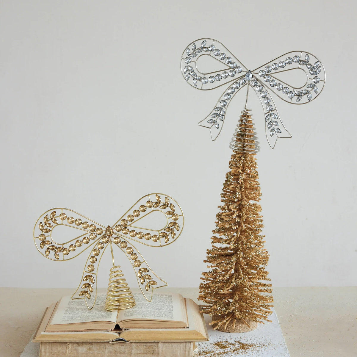 Metal & Acrylic Jewel Bow Shaped Tree Topper, Silver Finish