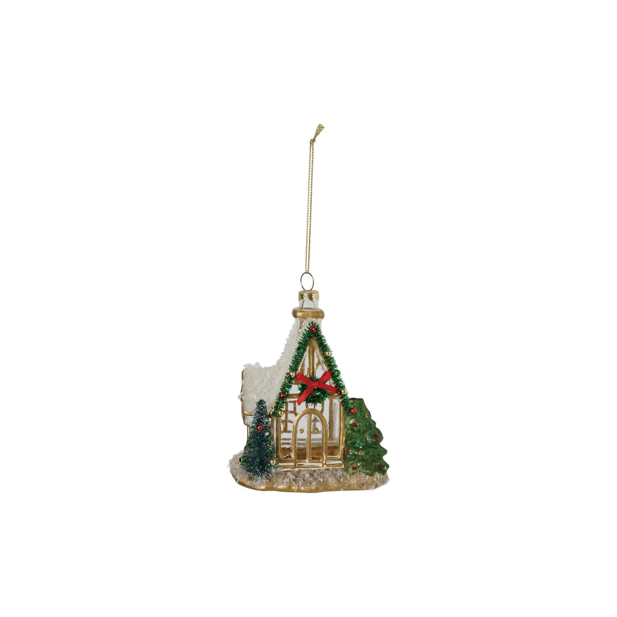 Hand-Painted Glass Chapel Ornament with Bottle Brush Tree, Tinsel Wreath & Glitter