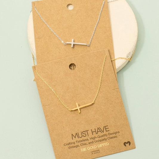 Gold Dipped Side Cross Pendant Necklace