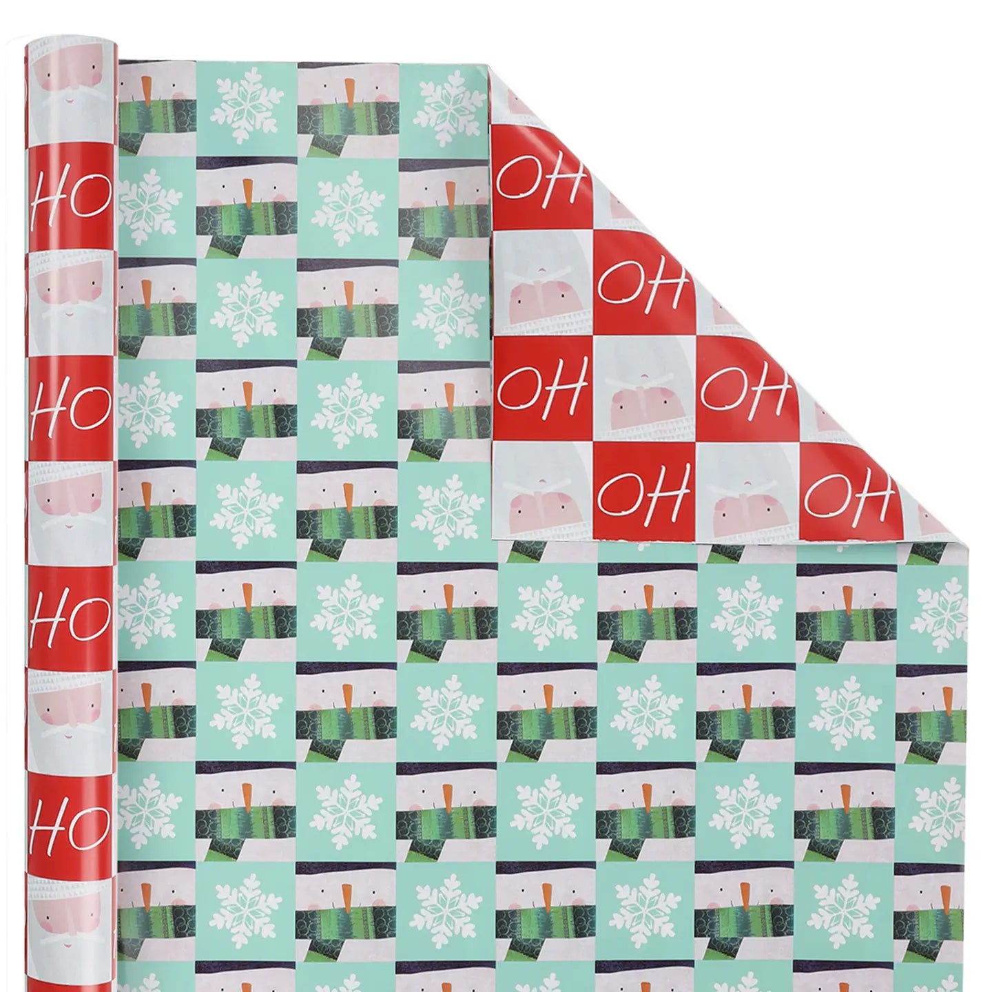 30" X 10' Holiday Reversible Wrapping Paper | Santa Ho Checkerboard/Snowman Flake Checkerboard