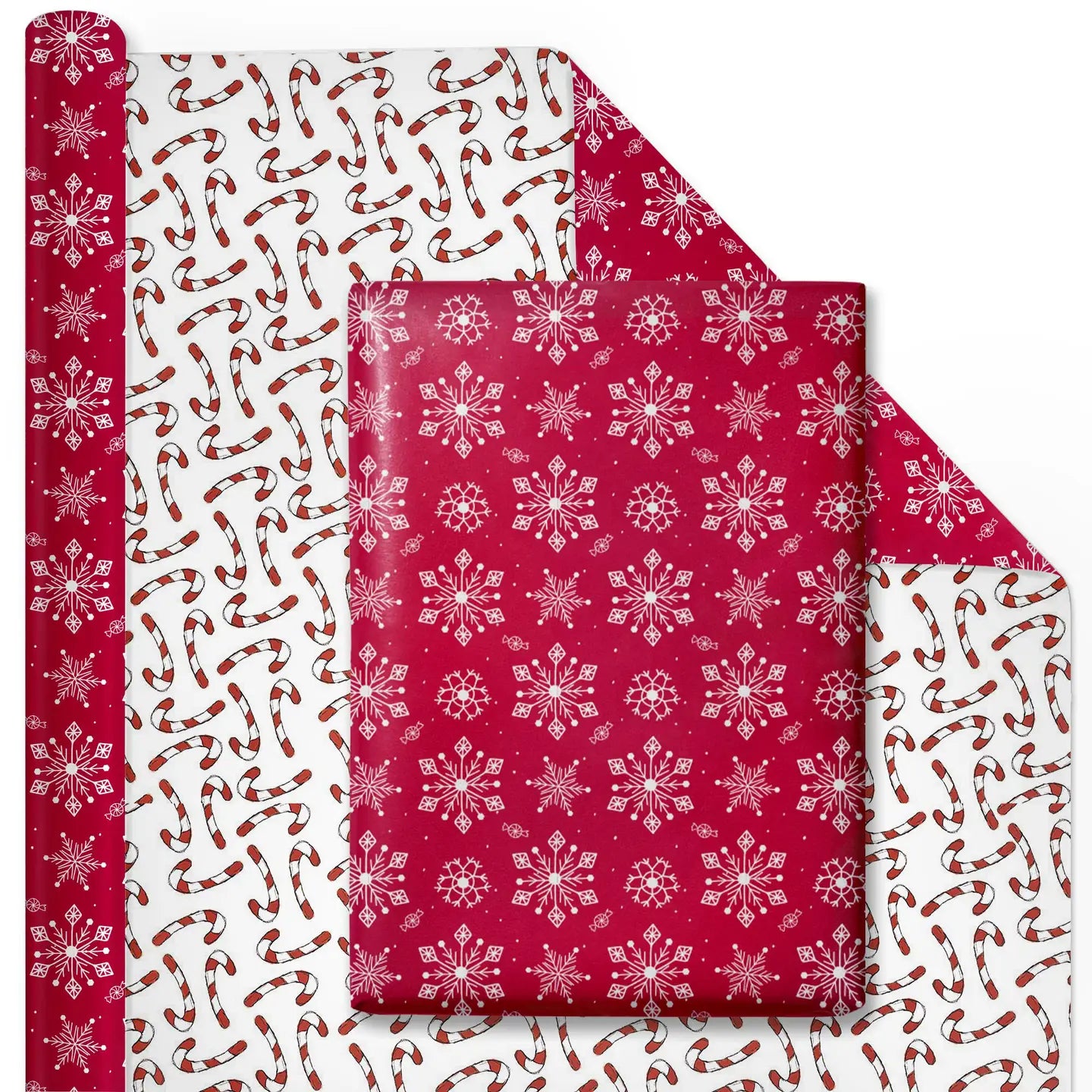 30" X 10’ Holiday Reversible Wrapping Paper | Assorted Snowflake On Red/Multi Candy Cane