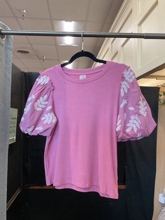 Pink Embroidered Contrast Sleeve Knit Top