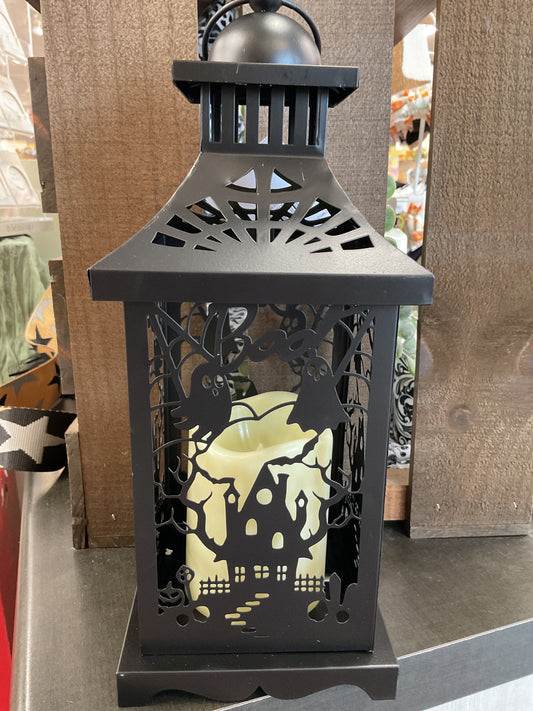 Haunted House Metal Halloween Lantern with LED Candle, 2 Asst