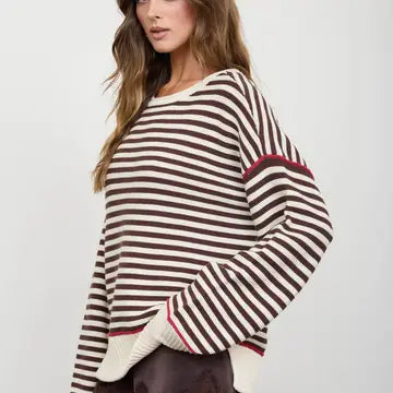 Stripe Contrast Stitch Raw Edge Knit Sweater