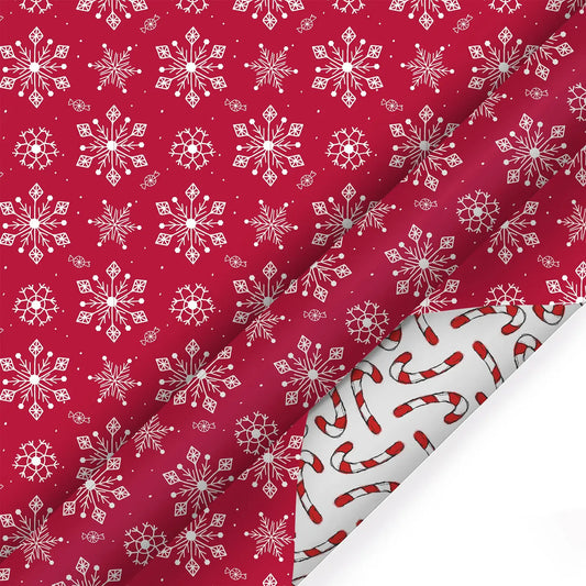 30" X 10’ Holiday Reversible Wrapping Paper | Assorted Snowflake On Red/Multi Candy Cane