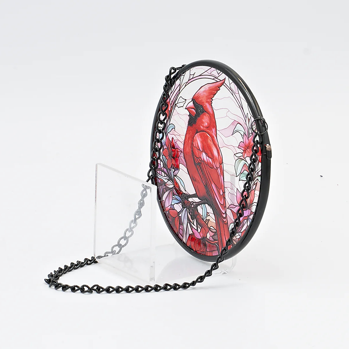 Cardinal and Poinsettias Stained Glass Round Ornament