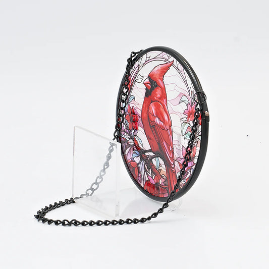 Cardinal and Poinsettias Stained Glass Round Ornament