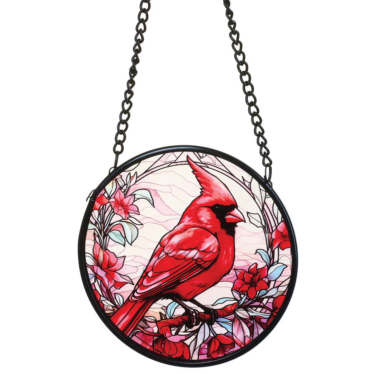 Cardinal and Poinsettias Stained Glass Round Ornament