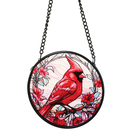 Cardinal and Poinsettias Stained Glass Round Ornament