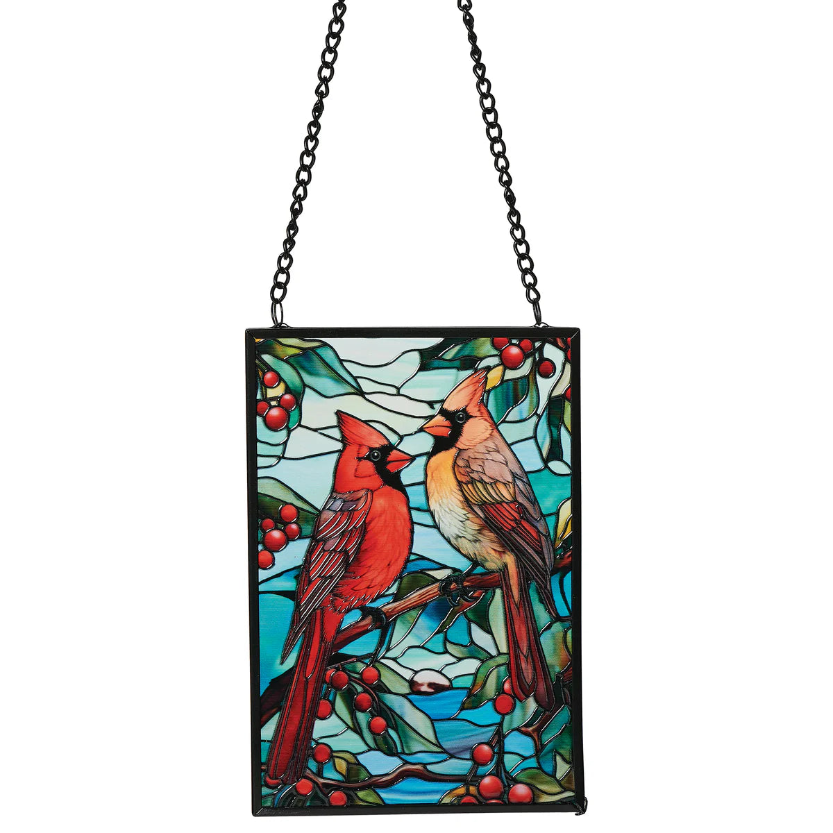 Cardinals with Holly Berries Stained Glass Ornament