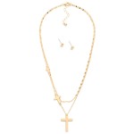 Metal Tone Chain Link Necklace Featuring Cross Stations & Cross Pendant