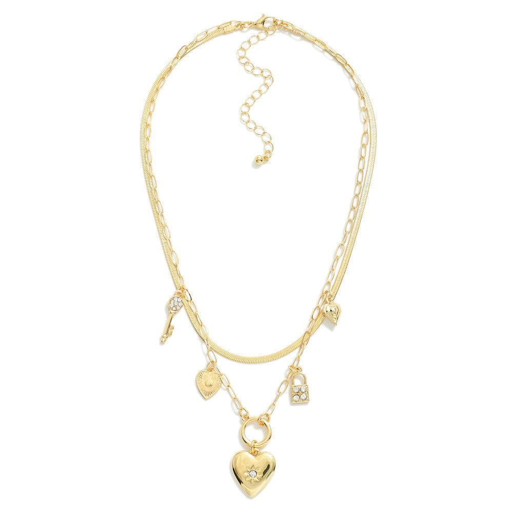 Gold Tone Layered Chain Link Necklace Featuring Heart & Lock Metal Pendants