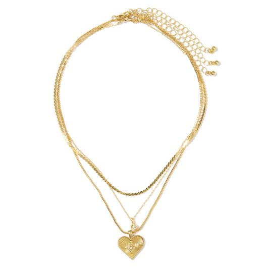 Layered Chain Link Necklace Featuring Rhinestone & Heart Pendants