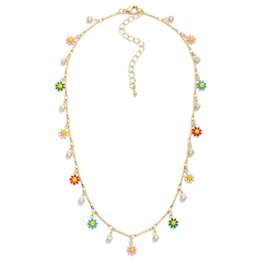 Necklace Featuring Flower & Rhinestone Charms