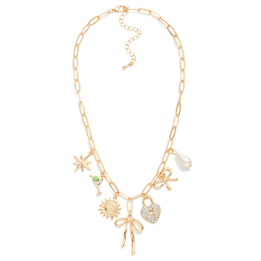 Necklace Featuring Metal Charms, Pearl & Rhinestones