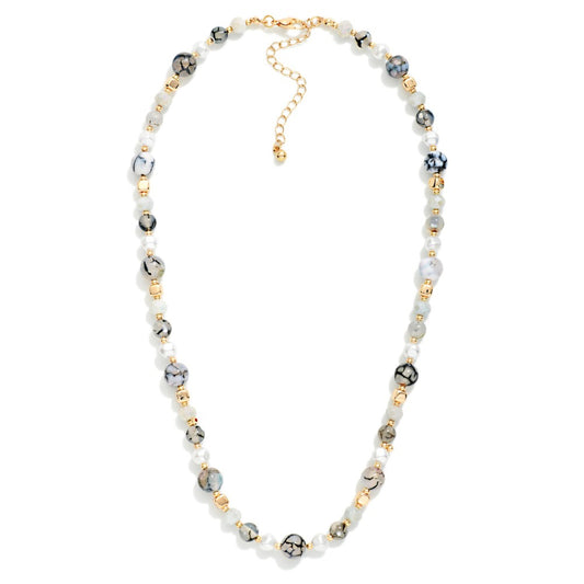 Stone Beaded Necklace With Pearl & Gold Tone Details