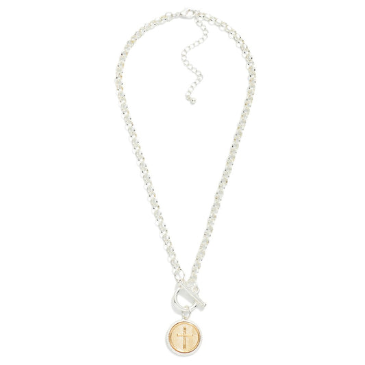 Circle Link Chain Link Necklace Featuring Two Tone Cross Medallion & Toggle Clasp
