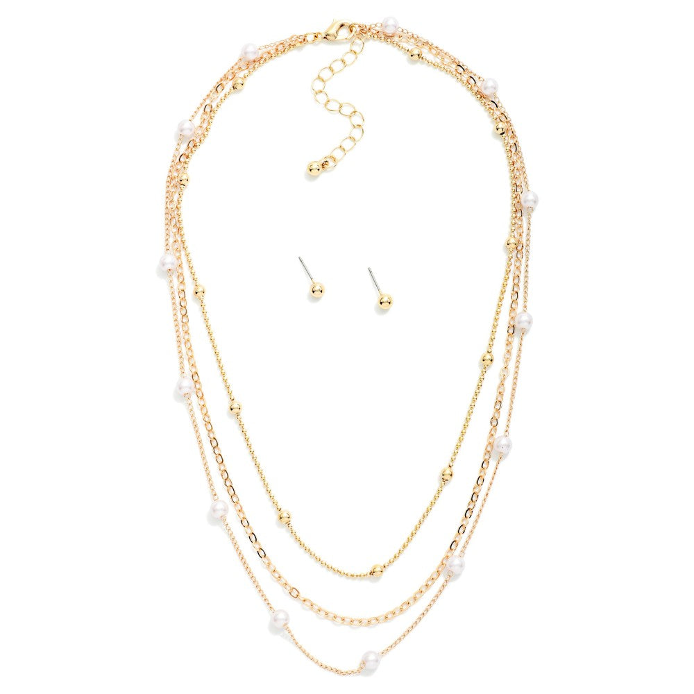 Layered Chain Link Necklace Featuring Pearl Stations