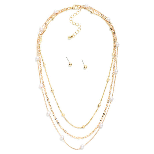 Layered Chain Link Necklace Featuring Pearl Stations