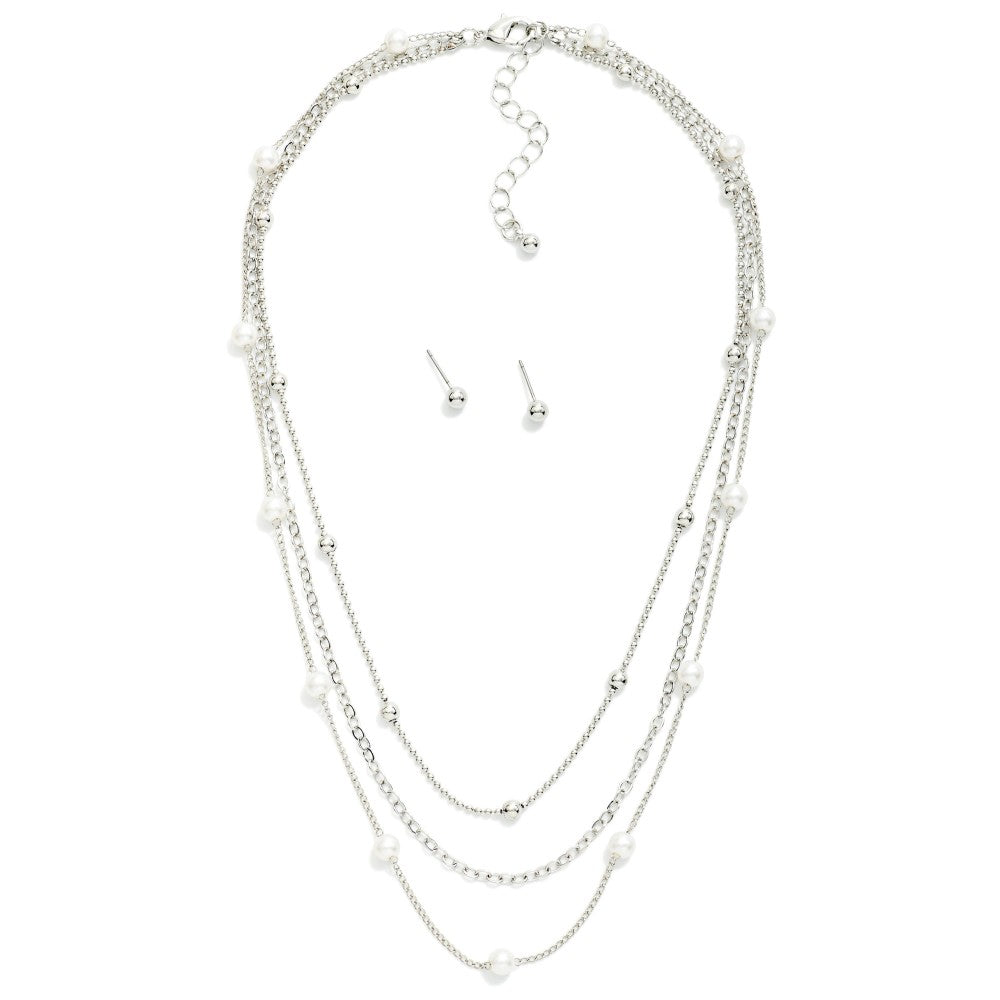 Layered Chain Link Necklace Featuring Pearl Stations