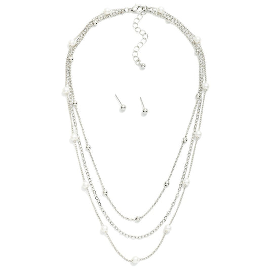 Layered Chain Link Necklace Featuring Pearl Stations
